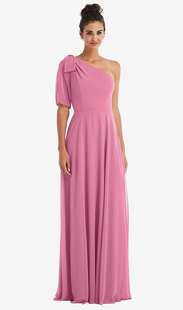 Front View - Orchid Pink Bow One-Shoulder Flounce Sleeve Maxi Dress