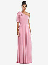 Front View Thumbnail - Peony Pink Bow One-Shoulder Flounce Sleeve Maxi Dress