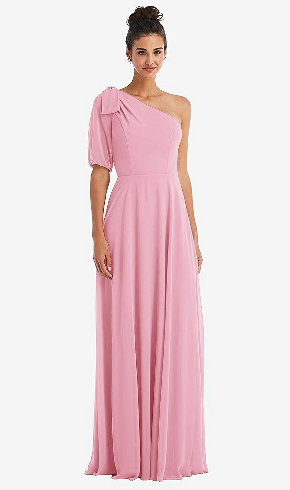 Front View - Peony Pink Bow One-Shoulder Flounce Sleeve Maxi Dress