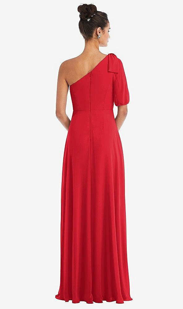 Back View - Parisian Red Bow One-Shoulder Flounce Sleeve Maxi Dress