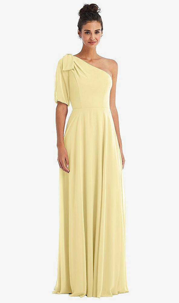Front View - Pale Yellow Bow One-Shoulder Flounce Sleeve Maxi Dress