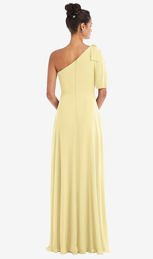 Back View - Pale Yellow Bow One-Shoulder Flounce Sleeve Maxi Dress