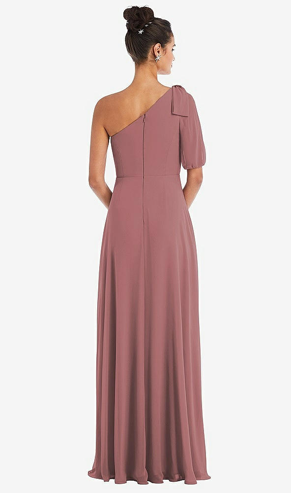 Back View - Rosewood Bow One-Shoulder Flounce Sleeve Maxi Dress