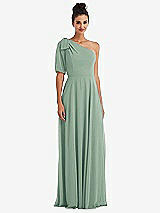 Front View Thumbnail - Seagrass Bow One-Shoulder Flounce Sleeve Maxi Dress