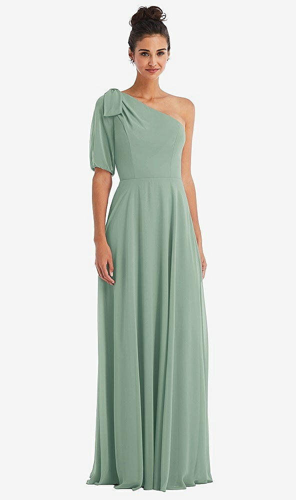Front View - Seagrass Bow One-Shoulder Flounce Sleeve Maxi Dress
