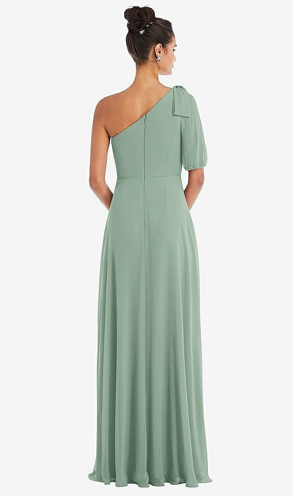 Back View - Seagrass Bow One-Shoulder Flounce Sleeve Maxi Dress