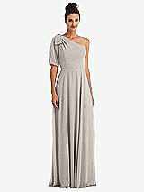 Front View Thumbnail - Taupe Bow One-Shoulder Flounce Sleeve Maxi Dress
