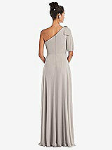 Rear View Thumbnail - Taupe Bow One-Shoulder Flounce Sleeve Maxi Dress