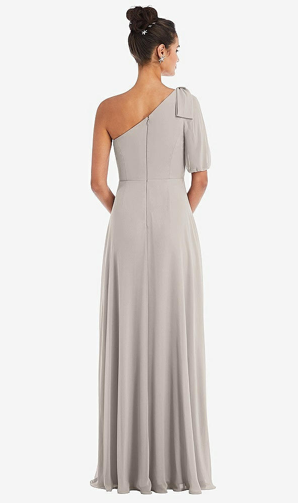 Back View - Taupe Bow One-Shoulder Flounce Sleeve Maxi Dress