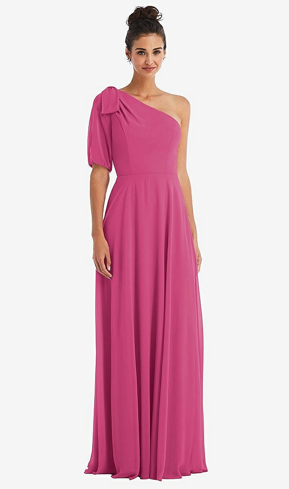 Front View - Tea Rose Bow One-Shoulder Flounce Sleeve Maxi Dress