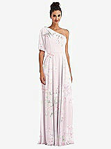 Front View Thumbnail - Watercolor Print Bow One-Shoulder Flounce Sleeve Maxi Dress