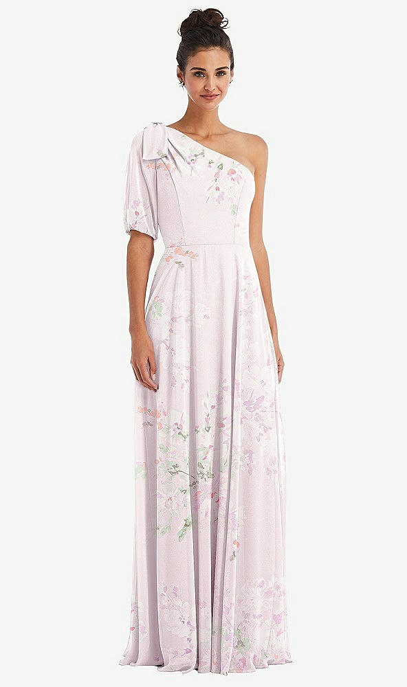 Front View - Watercolor Print Bow One-Shoulder Flounce Sleeve Maxi Dress