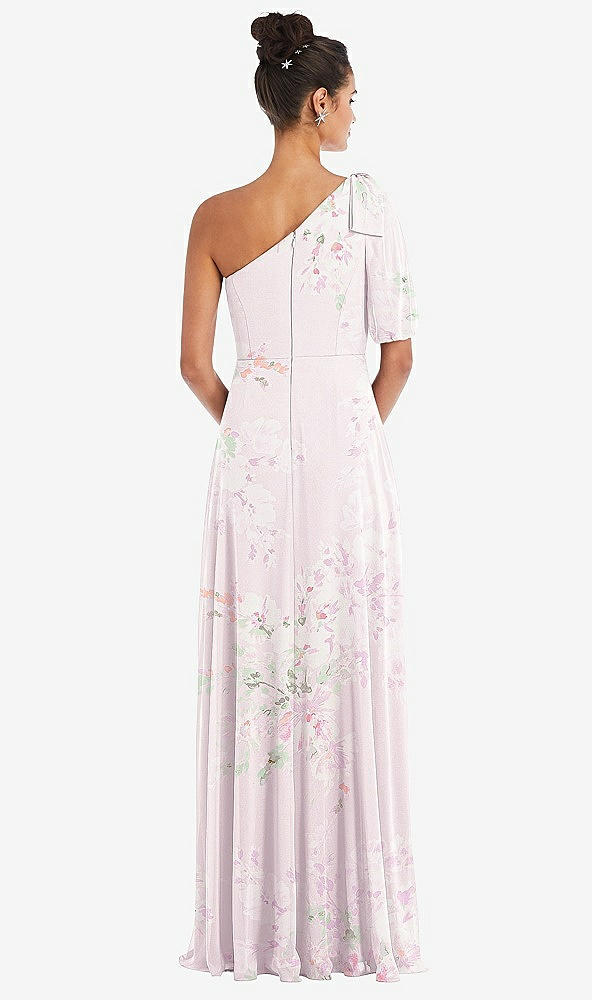 Back View - Watercolor Print Bow One-Shoulder Flounce Sleeve Maxi Dress