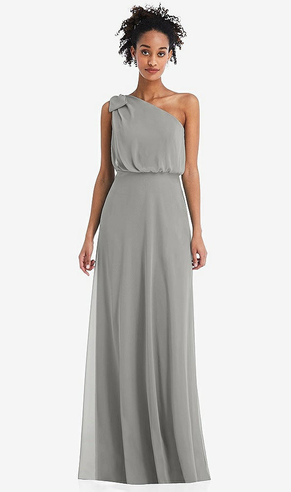 Front View - Chelsea Gray One-Shoulder Bow Blouson Bodice Maxi Dress