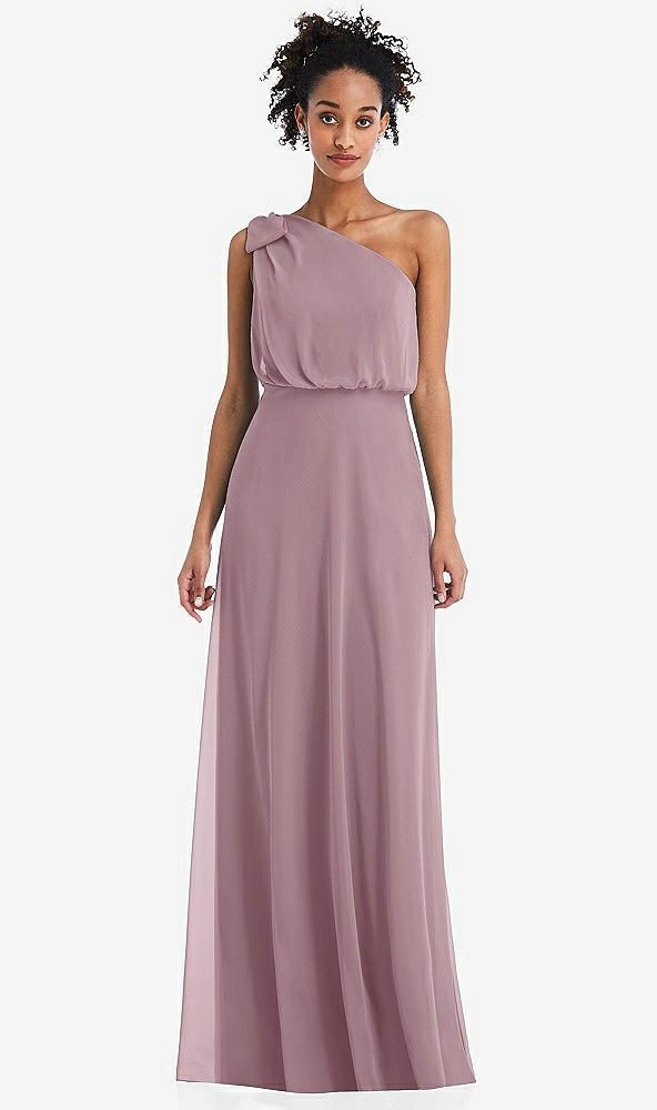Front View - Dusty Rose One-Shoulder Bow Blouson Bodice Maxi Dress