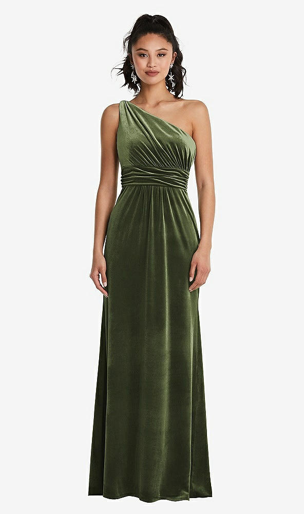 Front View - Olive Green One-Shoulder Draped Velvet Maxi Dress