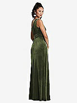 Rear View Thumbnail - Olive Green One-Shoulder Draped Velvet Maxi Dress
