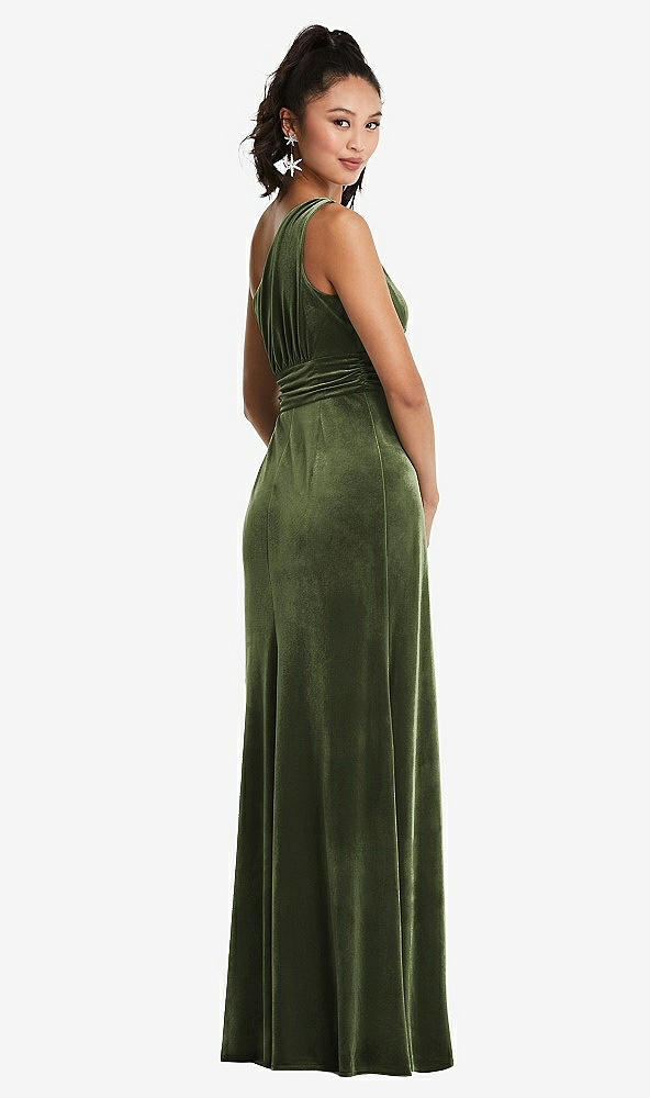 Back View - Olive Green One-Shoulder Draped Velvet Maxi Dress