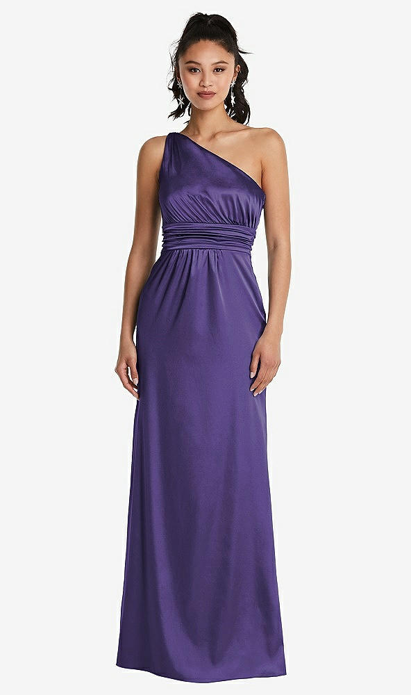 Front View - Regalia - PANTONE Ultra Violet One-Shoulder Draped Satin Maxi Dress