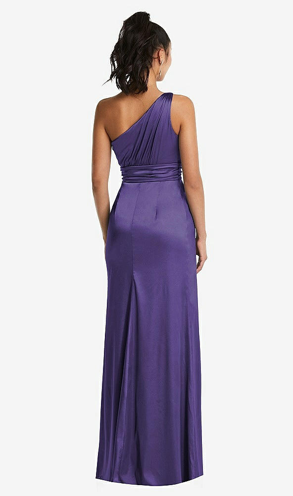 Back View - Regalia - PANTONE Ultra Violet One-Shoulder Draped Satin Maxi Dress