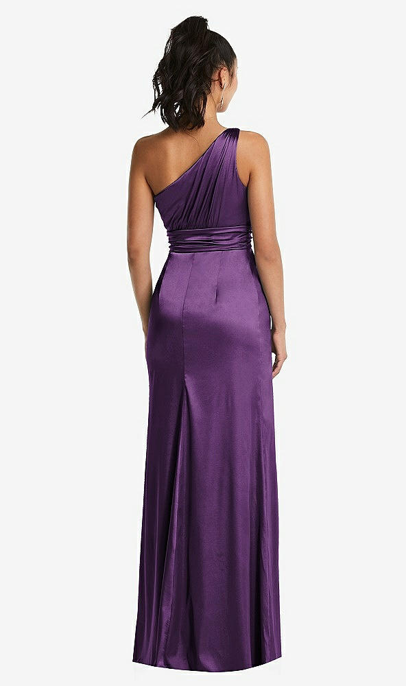 Back View - African Violet One-Shoulder Draped Satin Maxi Dress