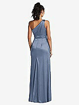 Rear View Thumbnail - Larkspur Blue One-Shoulder Draped Satin Maxi Dress