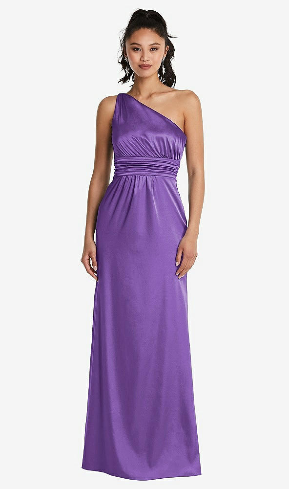 Front View - Pansy One-Shoulder Draped Satin Maxi Dress