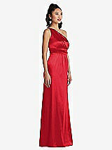 Side View Thumbnail - Parisian Red One-Shoulder Draped Satin Maxi Dress