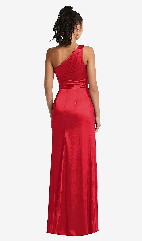 Back View - Parisian Red One-Shoulder Draped Satin Maxi Dress