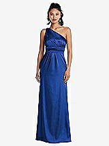 Front View Thumbnail - Sapphire One-Shoulder Draped Satin Maxi Dress