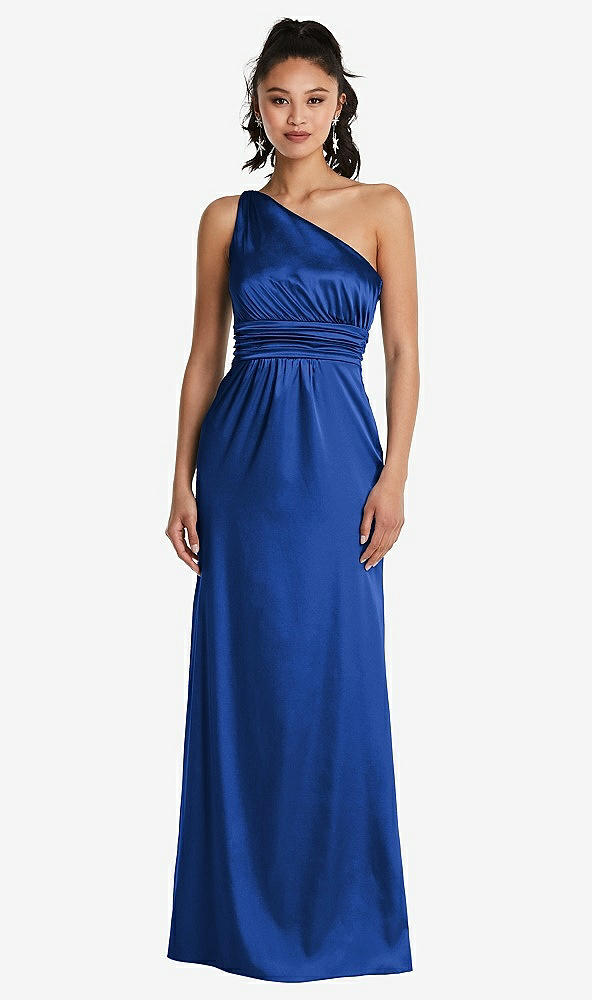 Front View - Sapphire One-Shoulder Draped Satin Maxi Dress