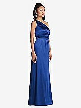 Side View Thumbnail - Sapphire One-Shoulder Draped Satin Maxi Dress