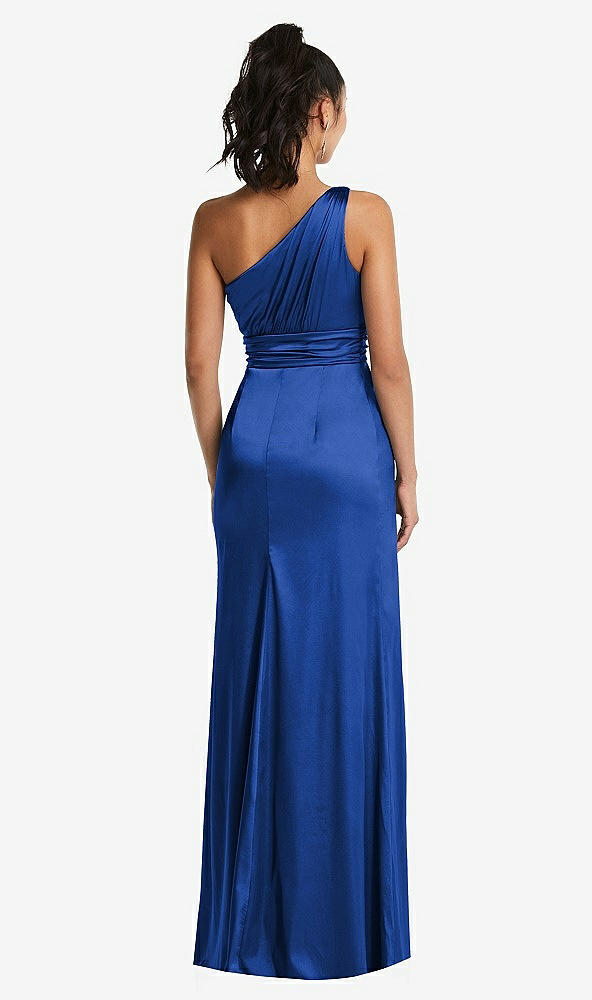 Back View - Sapphire One-Shoulder Draped Satin Maxi Dress