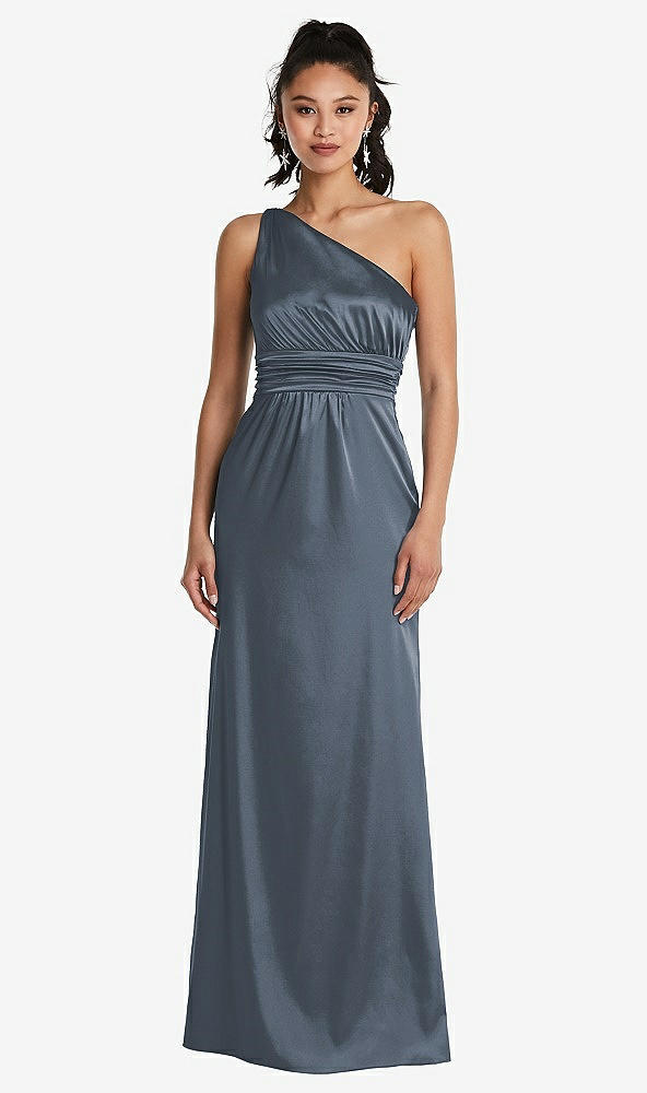 Front View - Silverstone One-Shoulder Draped Satin Maxi Dress