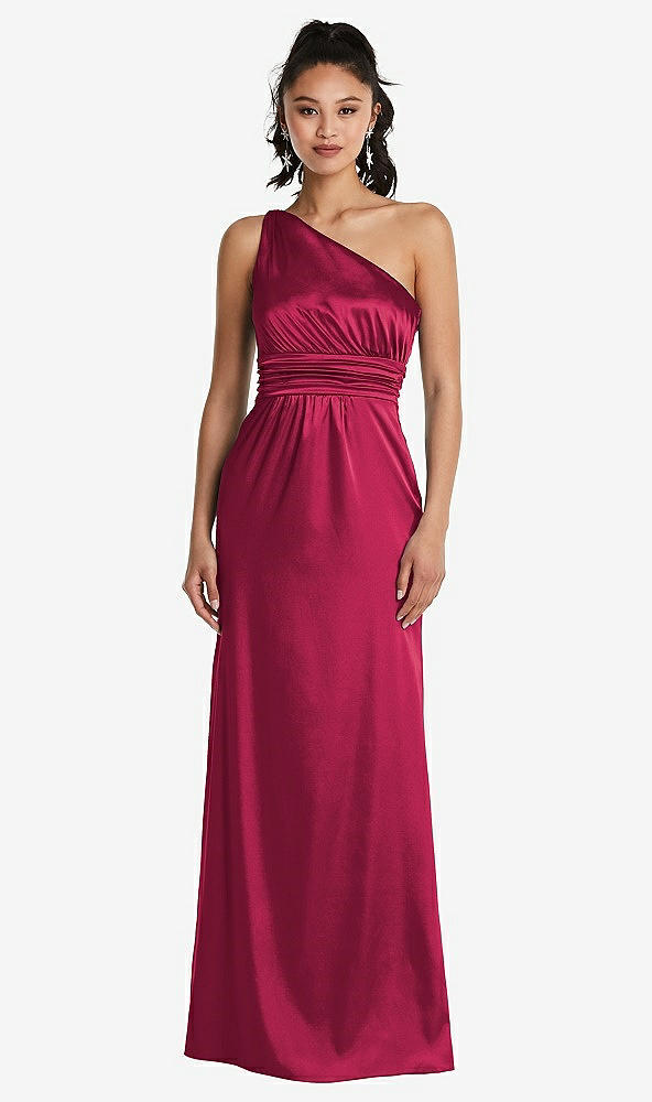 Front View - Valentine One-Shoulder Draped Satin Maxi Dress