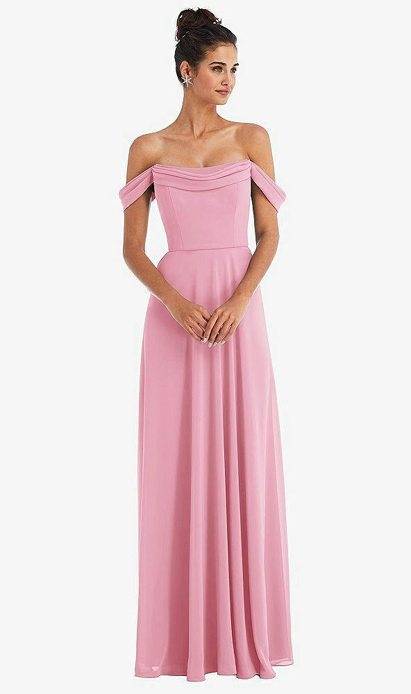 Front View - Peony Pink Off-the-Shoulder Draped Neckline Maxi Dress