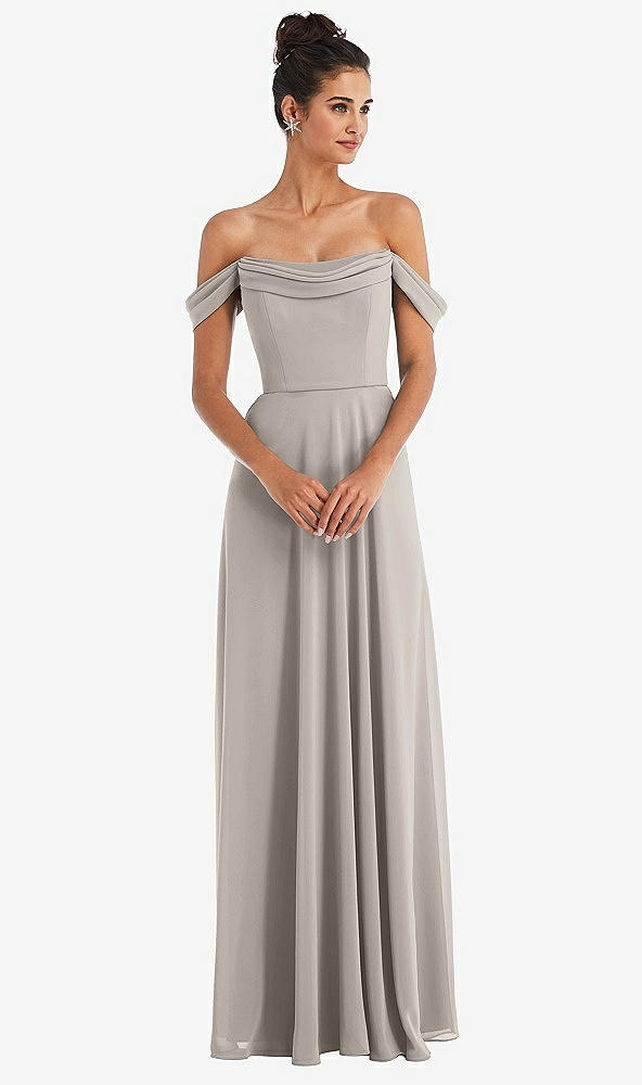 Front View - Taupe Off-the-Shoulder Draped Neckline Maxi Dress