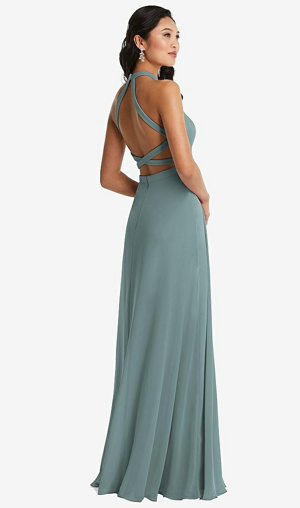 Front View - Icelandic Stand Collar Halter Maxi Dress with Criss Cross Open-Back