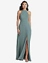 Rear View Thumbnail - Icelandic Stand Collar Halter Maxi Dress with Criss Cross Open-Back