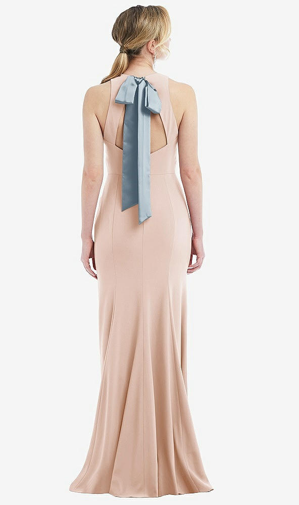 Front View - Cameo & Mist Cutout Open-Back Halter Maxi Dress with Scarf Tie