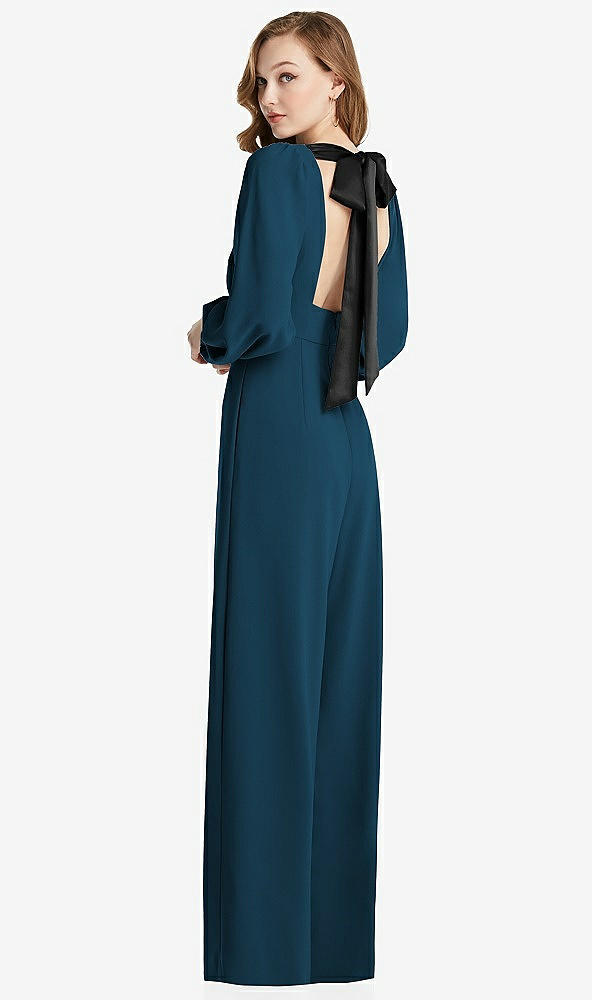 Front View - Atlantic Blue & Black Bishop Sleeve Open-Back Jumpsuit with Scarf Tie
