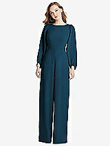 Rear View Thumbnail - Atlantic Blue & Black Bishop Sleeve Open-Back Jumpsuit with Scarf Tie