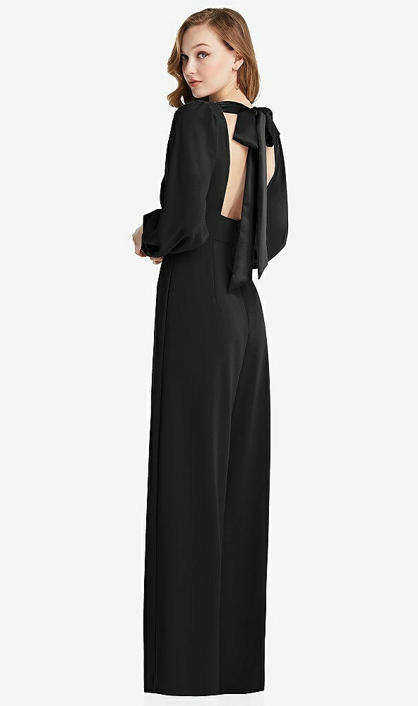 Front View - Black & Black Bishop Sleeve Open-Back Jumpsuit with Scarf Tie