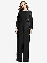 Rear View Thumbnail - Black & Black Bishop Sleeve Open-Back Jumpsuit with Scarf Tie