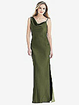 Front View Thumbnail - Olive Green Asymmetrical One-Shoulder Cowl Maxi Slip Dress