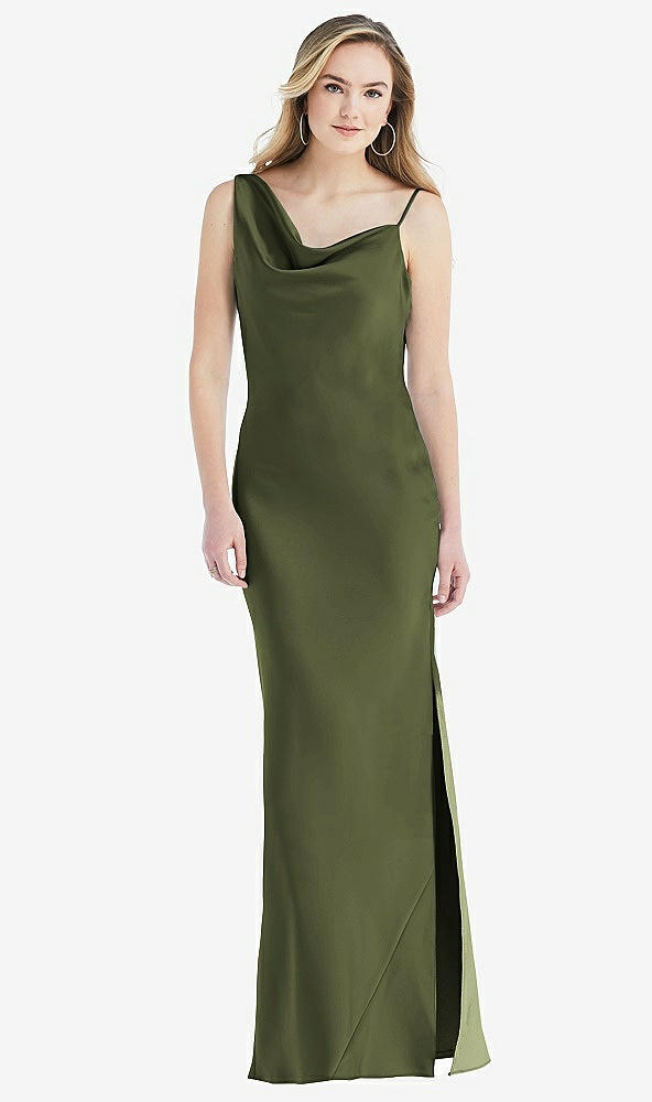 Front View - Olive Green Asymmetrical One-Shoulder Cowl Maxi Slip Dress