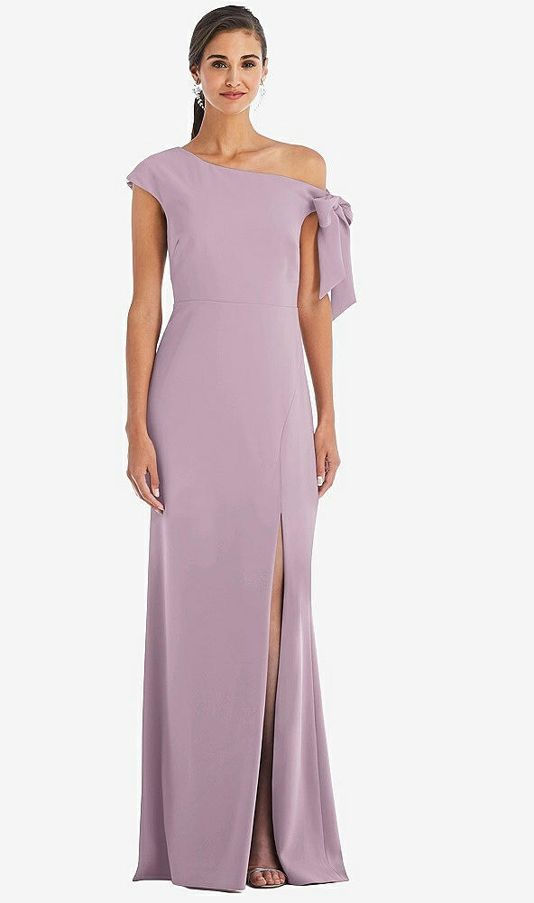 Front View - Suede Rose Off-the-Shoulder Tie Detail Trumpet Gown with Front Slit