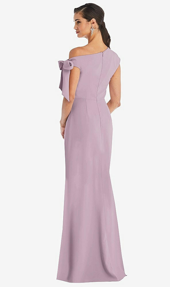 Back View - Suede Rose Off-the-Shoulder Tie Detail Trumpet Gown with Front Slit