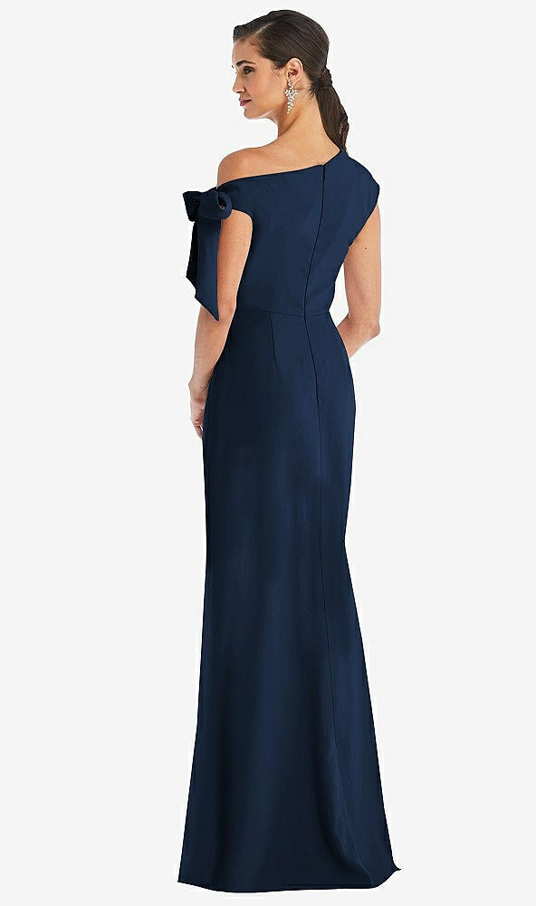 Back View - Midnight Navy Off-the-Shoulder Tie Detail Trumpet Gown with Front Slit