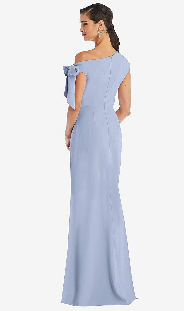 Back View - Sky Blue Off-the-Shoulder Tie Detail Trumpet Gown with Front Slit